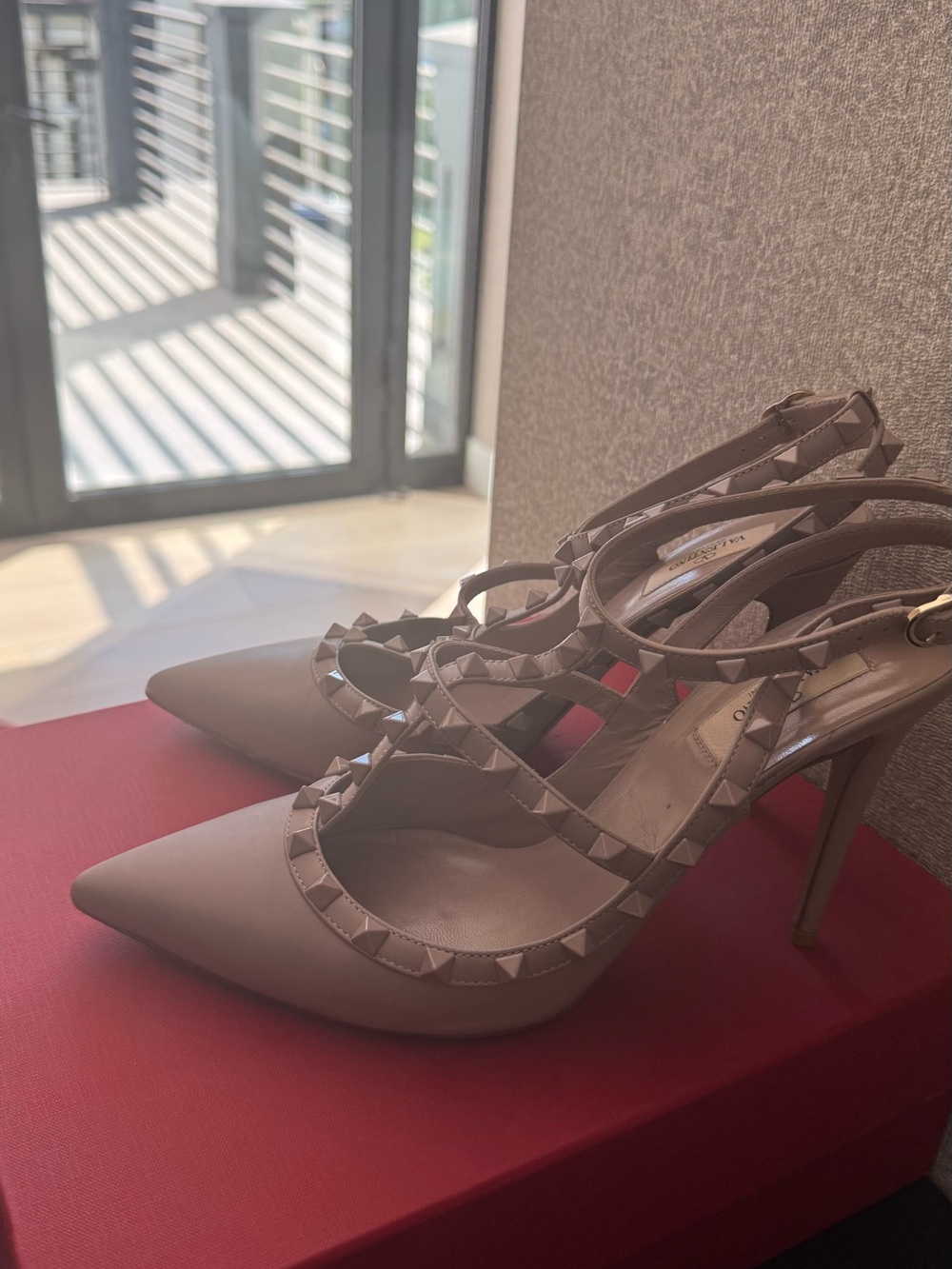 Valentino Garavani Rockstud Strappy Pointed-Toe Heels - Taupe